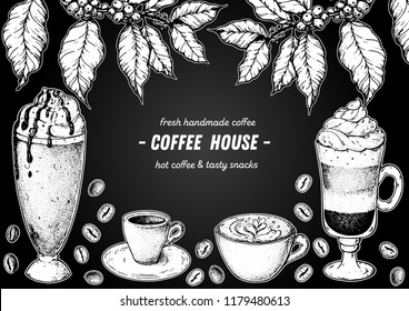 Coffee shop design elements. Coffee cups, french press, coffee pot and beans illustration. Vintage design for coffee shop. Engraved vector illustration.