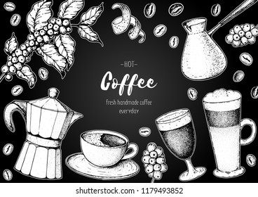 Coffee shop design elements. Coffee cups, french press, coffee pot and beans illustration. Vintage design for coffee shop. Engraved vector illustration.