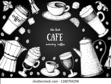 Coffee shop design elements. Coffee cups, glass, coffee pot and beans illustration. Vintage design for coffee shop. Engraved vector illustration.