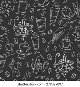 Coffee shop design seamless background. Stylized coffee pattern. Vector.