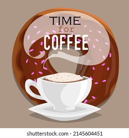 Design-Vorlage für Kaffeeläden. Cartoon Cappuccino mit Zimtstangen und Donut im Rücken. Kaffeezeitschild. Das Beste für Flyer, Menüdesigns. Vektorgrafik.