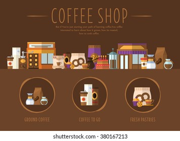 Coffee Shop. Design for the web site, first page Flat Vector Illustration