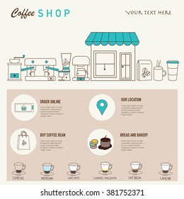 Coffee shop design web template with linear icons .Illustation EPS10.