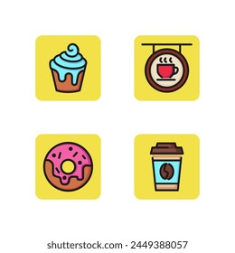 Coffee shop desserts line icon set. Cupcake, donut, frosting, sweetness, dessert, coffeepot, glass hot drink to go. Coffee house concept. Can be used for topics like sweet food, bakery, cafe