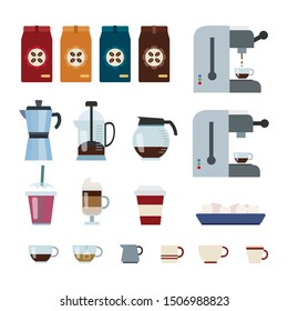 Coffee shop different things, coffee bags, cups, coffee makers, containers, coffee makers, french press and sugar.