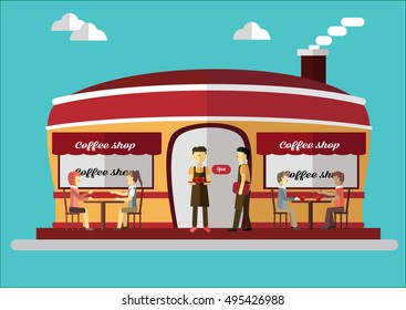 coffee shop, diners and waiters in the illustration