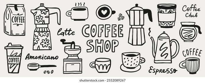 Coffee shop doodle graphic elements. Hand drawn vector set. Cafe menu design vector elements.