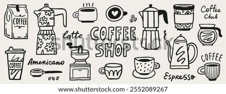 Coffee shop doodle graphic elements. Hand drawn vector set. Cafe menu design vector elements.