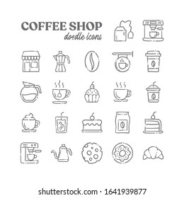 Coffee shop doodle icons, Set of hand drawn cafe related elements.