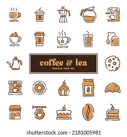 Coffee shop doodle vector icon set. Cartoon bakery for cafe menu.