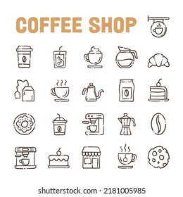 Coffee shop doodle vector icon set. Cartoon bakery for cafe menu.