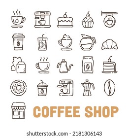 Coffee shop doodle vector icon set. Cartoon bakery for cafe menu.