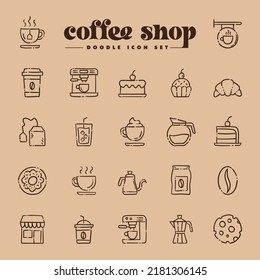 Juego de iconos para el vector del doodle de la cafetería. Panadería de caricaturas para menú de café.