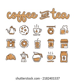 Coffee shop doodle vector icon set. Cartoon bakery for cafe menu.