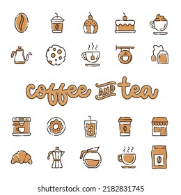 Coffee shop doodle vector icon set. Cartoon bakery for cafe menu.