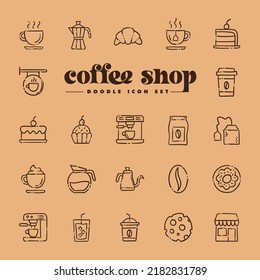 Coffee shop doodle vector icon set. Cartoon bakery for cafe menu.