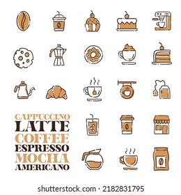 Coffee shop doodle vector icon set. Cartoon bakery for cafe menu.