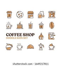 Iconos vectoriales del doodle de la tienda de café. Pictogramas dibujados a mano en el café.