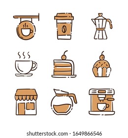 Coffee shop doodle vector icons. Cafe hand drawn pictograms.