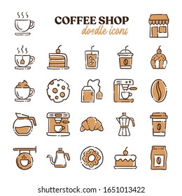 Coffee shop doodle vector icons. Cafe hand drawn pictograms.