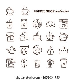Iconos vectoriales del doodle de la tienda de café. Pictogramas dibujados a mano en el café.
