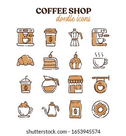Coffee shop doodle vector icons. Cafe hand drawn pictograms.
