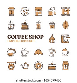 Coffee shop doodle vector icons. Cafe hand drawn pictograms.