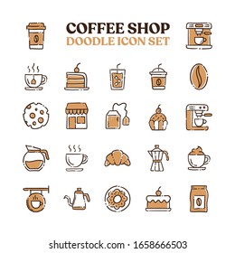 Coffee shop doodle vector icons. Cafe hand drawn pictograms.