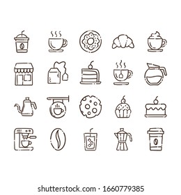 Coffee shop doodle vector icons. Cafe hand drawn pictograms.