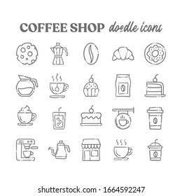 Coffee shop doodle vector icons. Cafe hand drawn pictograms.