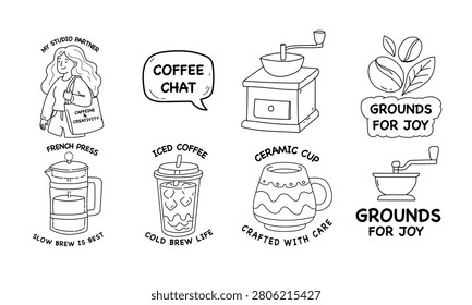 Coffee Shop Doodle Vector Set: Cute Barista, Cafe Badges, Pastries, and Grinder