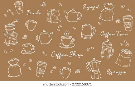 Coffee Shop Doodle Tapete Hintergrund mit handgezeichneten Kaffeebohnen, Espresso Tassen, und Moka-Topf. Dieser braune Café Tapete Hintergrund ist eine nahtlose künstlerische Tapete.