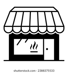 Coffee shop with door and large window solid icon, catering business concept, cafe vector sign on white background, glyph style icon for mobile concept and web design. Vector graphics