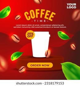 Coffee shop drink promotion menu. Social media post banner template with coffee leaves and beans decoration
