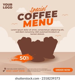 Coffee shop drink promotion menu. Social media post banner template with nature background