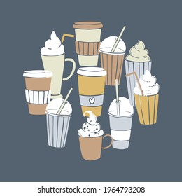 Coffee shop drinks. Coffee and  cocktails in a circle. Vector sketch  illustration. 
