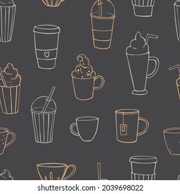 Coffee shop drinks. Coffee, cocktails and tea. Vector  seamless pattern. 