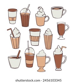 Coffee shop drinks. Coffee, cocktails and tea on white background. Vector sketch illustration. 