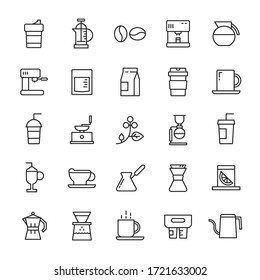 Coffee shop and coffee drip 25 line icons vector