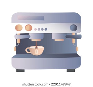 Coffee shop element. Sticker with machine or equipment for brewing delicious latte or cappuccino.. Design element for cafe advertising. Cartoon flat vector illustration isolated on white background