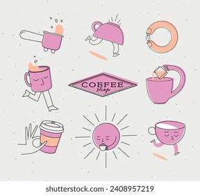 Elementos de la cafetería cartón sin fondo, taza humeante, frijol de café, sol, quitarse, jarra de leche dibujando en línea plana de dibujos animados sobre fondo rosa