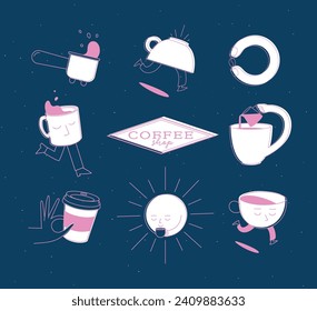 Elementos de la cafetería cartón sin fondo, taza humeante, frijol de café, sol, quitarse, jarra de leche dibujando en una línea plana sobre fondo azul
