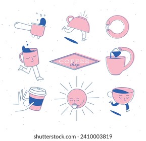 Coffee shop elements bottomless portafilter, running cup, coffee bean, sun, take away, milk jug drawing in cartoon flat line on light background