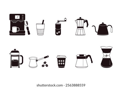 Coffee shop elements. Cartoon coffee machine, cup, pot and grinder, hand drawn equipment for making coffee beverage, cafe menu design. Vector isolated set.