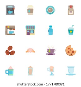 Coffee shop elements collection, flat icons set, Colorful symbols pack contains - coffee maker machine, croissant, cookies, water bottle, hot tea cup, milkshake. Vector illustration. Flat style design