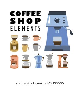 Coffee shop elements. Coffee shop equipment. Set of coffee maker. Collection of coffee maker equipment.