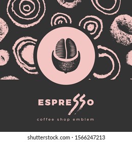 Coffee shop emblem, cafe menu with repeated brush stroke texture, packaging design, organic coffee logo, take away coffee, 100% arabica badge. Abstract seamless pattern, vector creative background. 