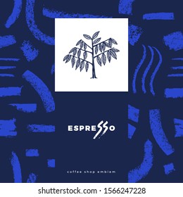 Coffee shop emblem, cafe menu with repeated brush stroke texture, packaging design, organic coffee logo, take away coffee, 100% arabica badge. Abstract seamless pattern, vector creative background. 