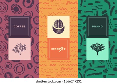 Coffee shop emblem, cafe menu with repeated brush stroke texture, packaging design, organic coffee logo, take away coffee, 100% arabica badge. Abstract seamless pattern, vector creative background. 