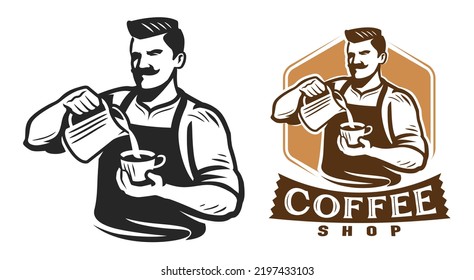 Coffee shop emblem. Design template for restaurant or cafe menu. Barista preparing coffee logo vector illustration